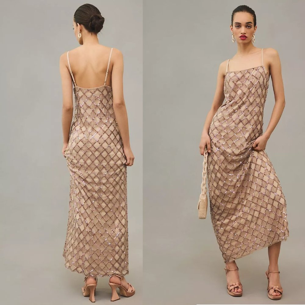 Anthropologie “Let Me Be” Beige Sequin Dress